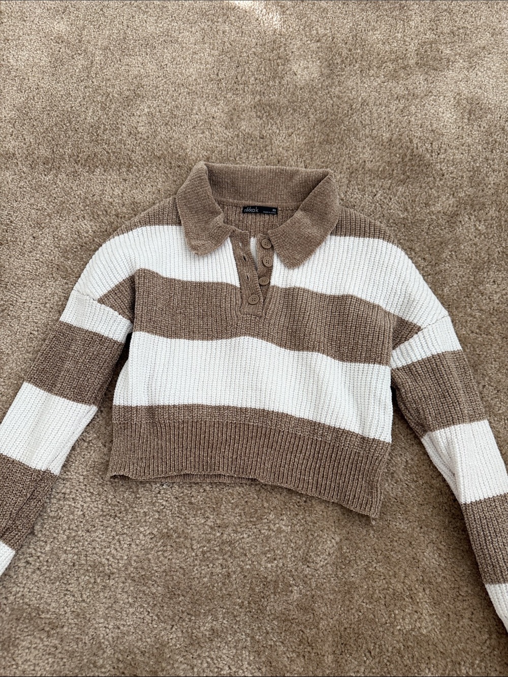 Soft Brown and White Striped Cropped Polo Sweater